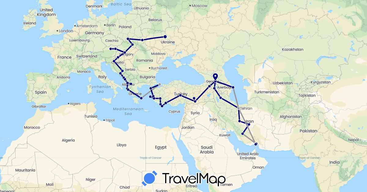 TravelMap itinerary: driving, plane in Albania, Armenia, Austria, Azerbaijan, Bosnia and Herzegovina, Georgia, Greece, Croatia, Hungary, Iran, Montenegro, Macedonia, Poland, Slovakia, Turkey, Ukraine (Asia, Europe)